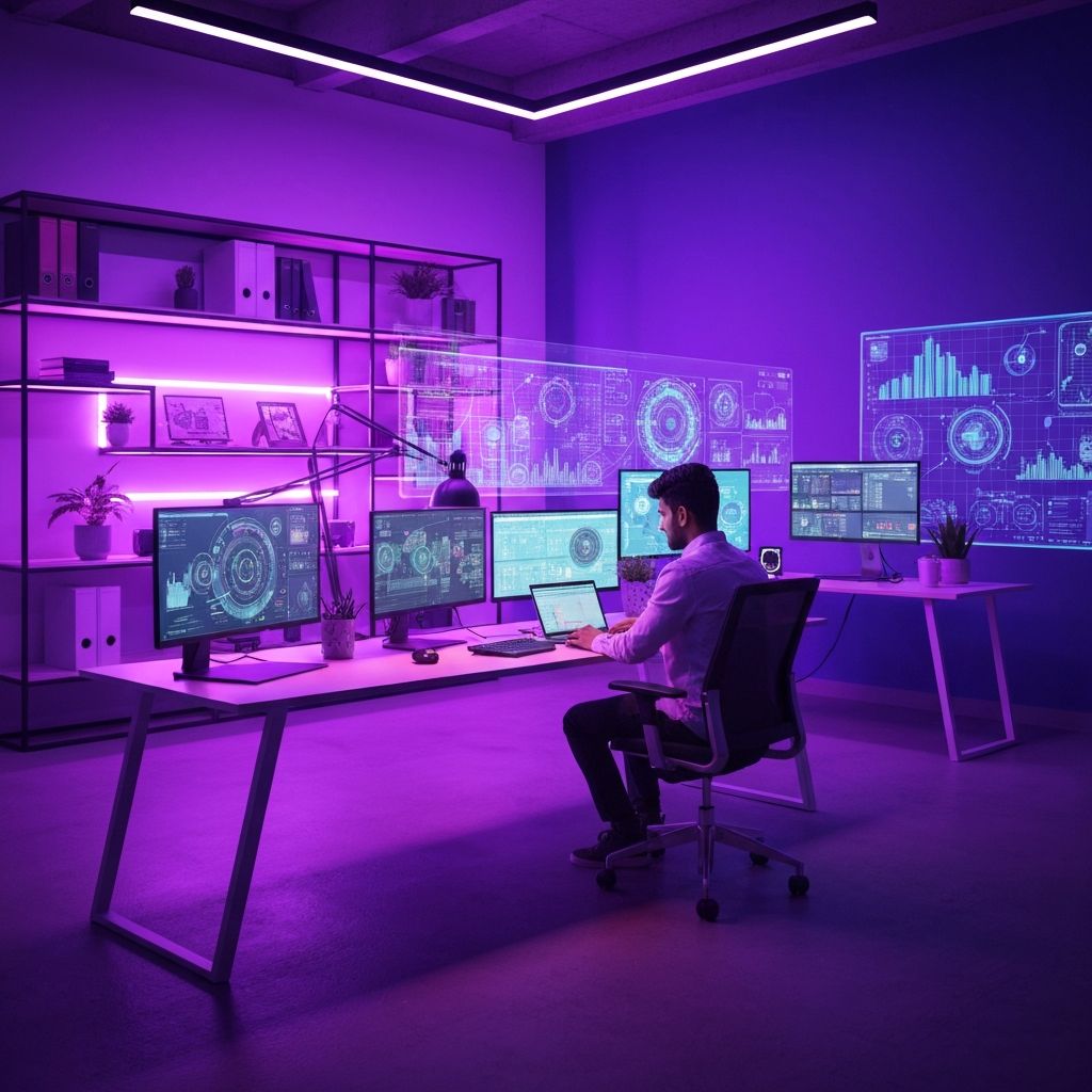 Modern creative workspace with ambient lighting